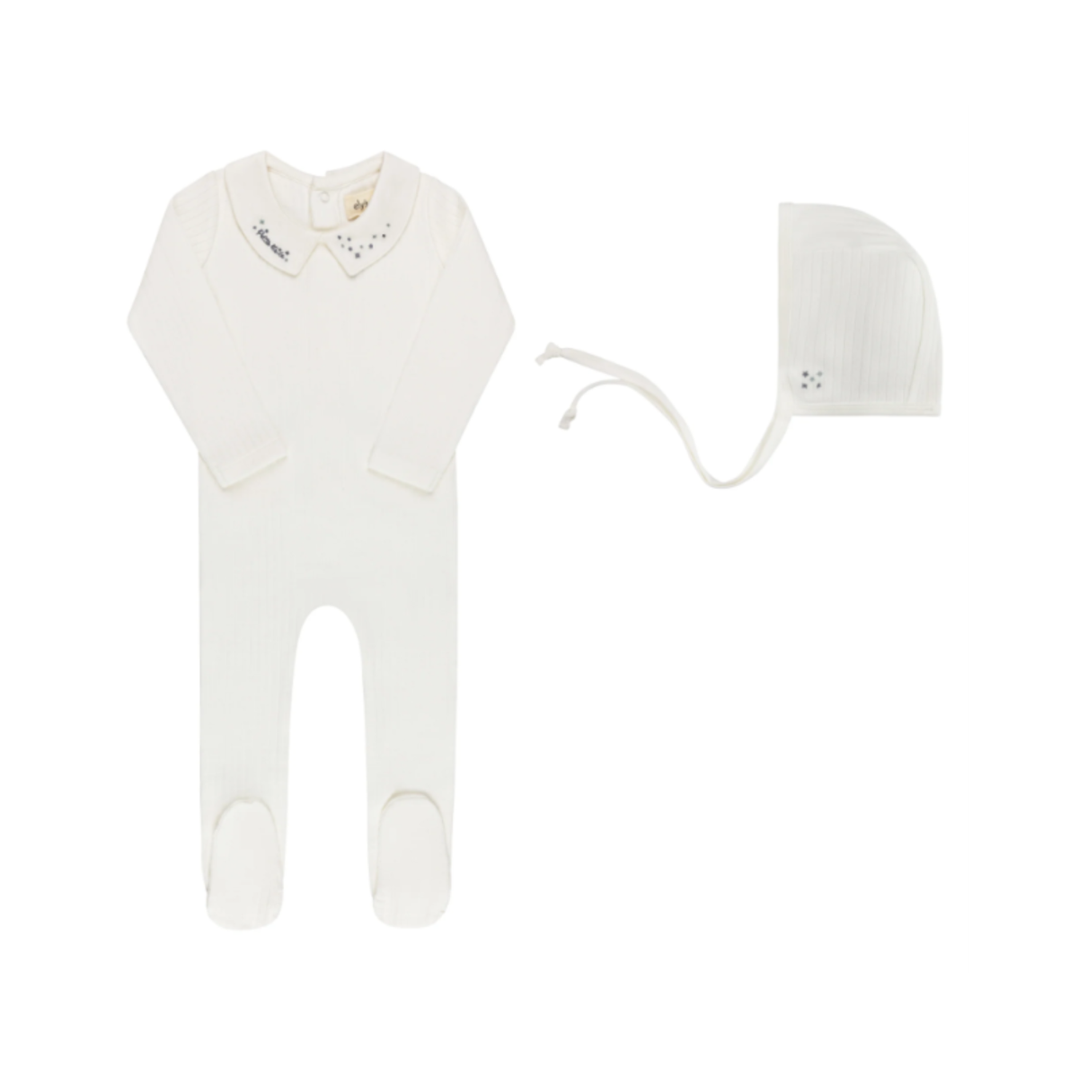 Floral Star Embroidered Collar Collection - Ivory Blue - Footie + Bonnet